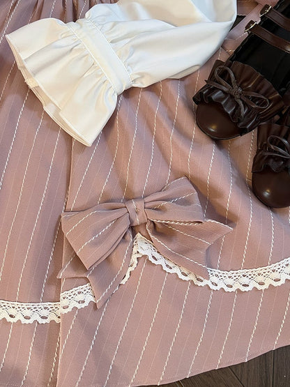 Pink Sweet Bowknot Lace Scoop Neckline Above Knee Striped Dress