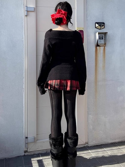 Gothic Red Cross Charms Plaid Woolen Pleated Mini Skirt