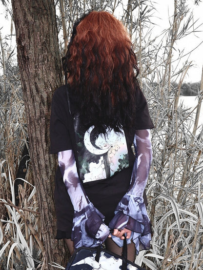 Print T-shirt Black Short Gyaru Cartoon Fashion Sleeves