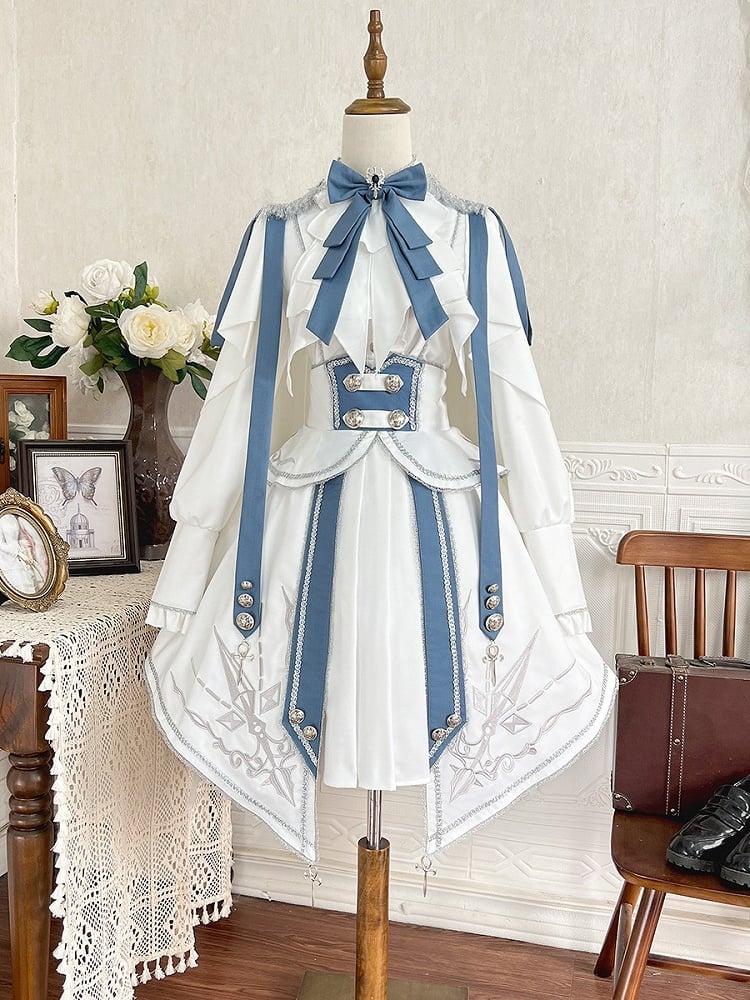 White and Blue Military Lolita Outfit Long Sleeves Top High Waist Skirt