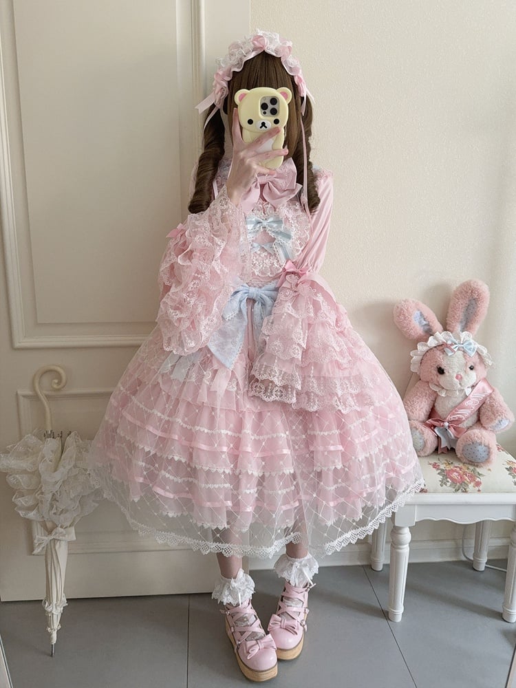 Lolita Bodice Princess Jumper Skirt Overlay Flower Heart Pink Applique Hem