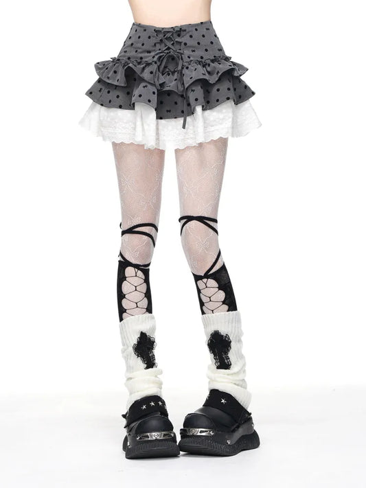 Bowknot Polka-dot Gray Lace-up Skirt Pattern and White Tiered Detail