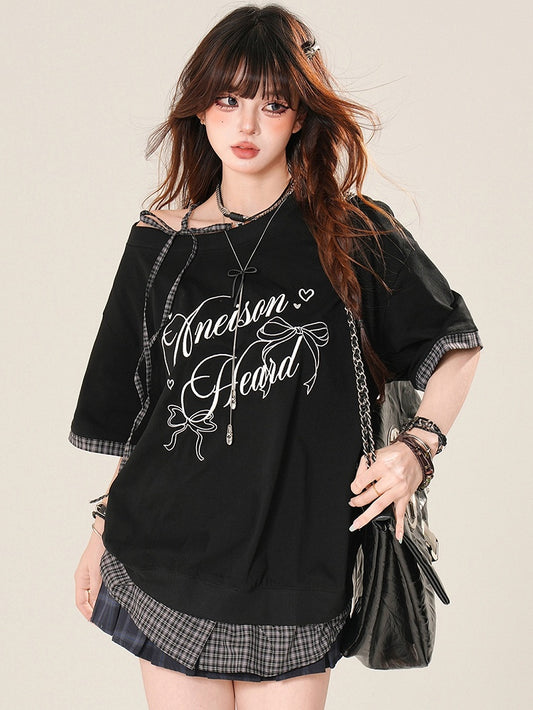 Pattern Strap Bittersweet Self-tie Plaid T-shirt Black Asymmetrical Neckline