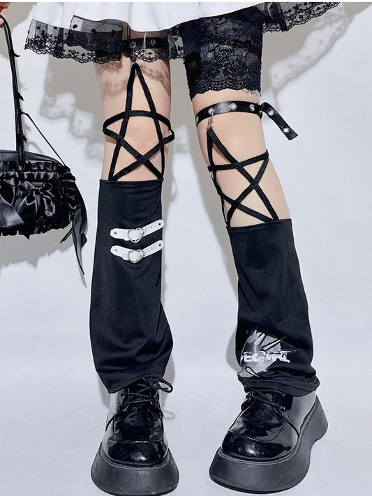 Black Buckle Star-Shaped Straps Leg Warmers