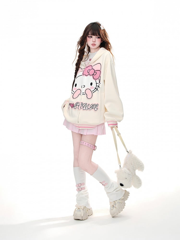 Apricot/Black Kitty Embroidery Oversized Zip Closure Hoodie