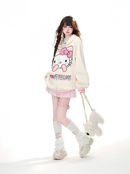 Apricot/Black Kitty Embroidery Oversized Zip Closure Hoodie
