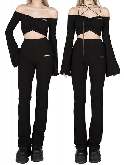 Knit Pants Stretchy High-Waisted - Flared Figure-Flattering Black