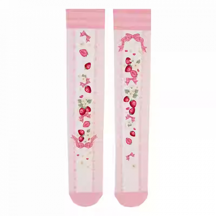 Bas Lolita roses à imprimé fraise au-dessus du genou