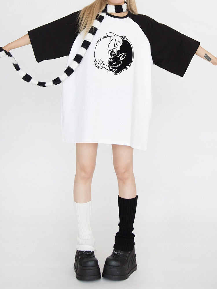 Black & White Bunny Print Oversized T-Shirt