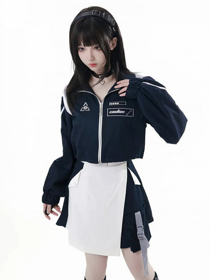 with Loading Bar Embroidery  Partial Front Zipper Blue  White Colorblock Techwear Dress