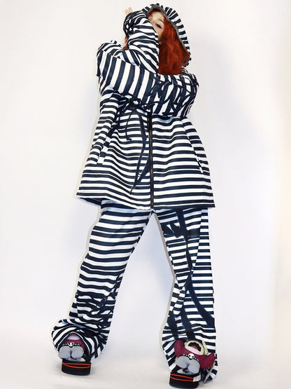 Hoodie Oversized Gyaru BlackWhite Pattern Fashion Zip Striped Closure