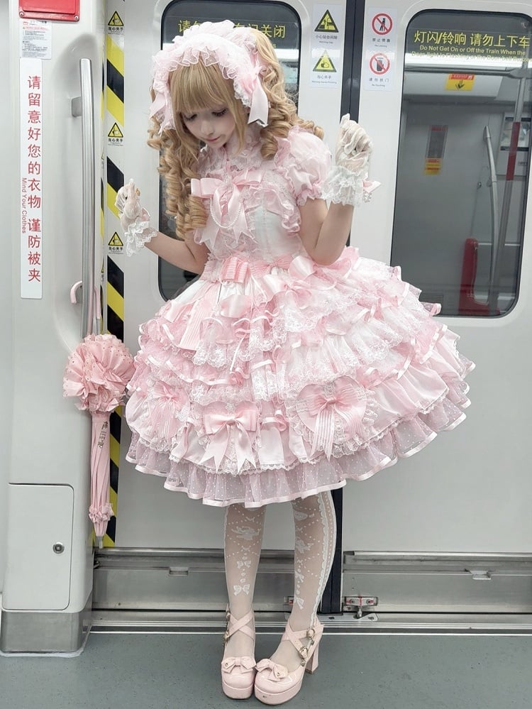 Princess Skirt Hanayome Pink Jumper Dress Decoration Layered Lolita White Heart-shaped and Bows