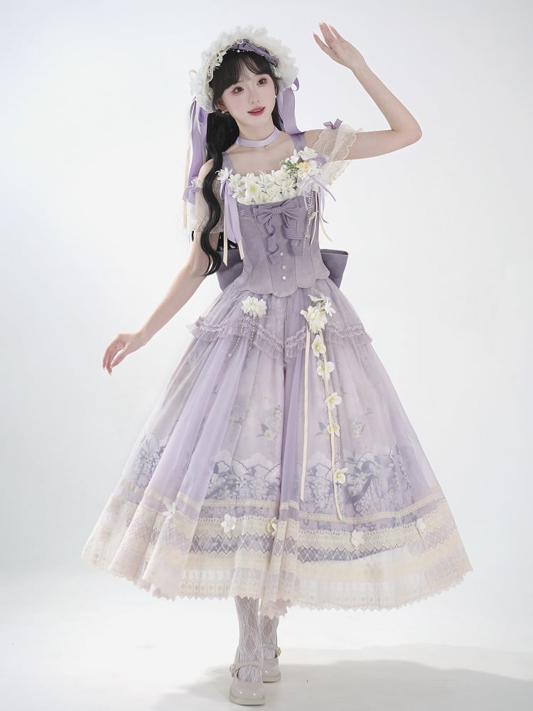Classic Long Skirt Lolita Decoration + Jasmine Top Print Set Purple Corset Floral