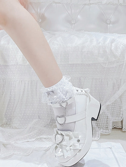 Decorated Platform Lace-up Heels Jirai Heart Polished White Details High Rhinestone Block Kei