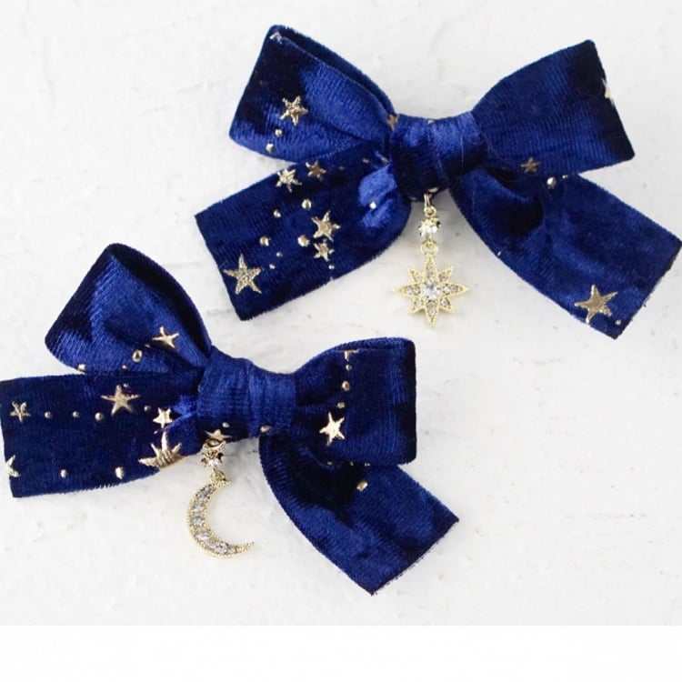 Print Moon Bowknot Blue Hairclips Star Charm