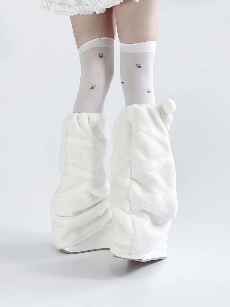 Kei Applique Angel Jirai Kawaii White Yami Flannel Leg Warmers Wings Design Cross
