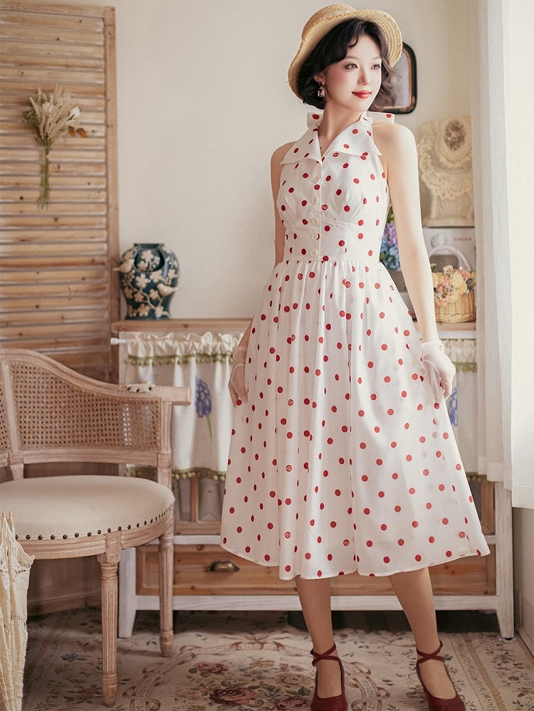 Back Halter Big Retro Polka Bow Neck Dots Backless Print Dress Pattern Fashion