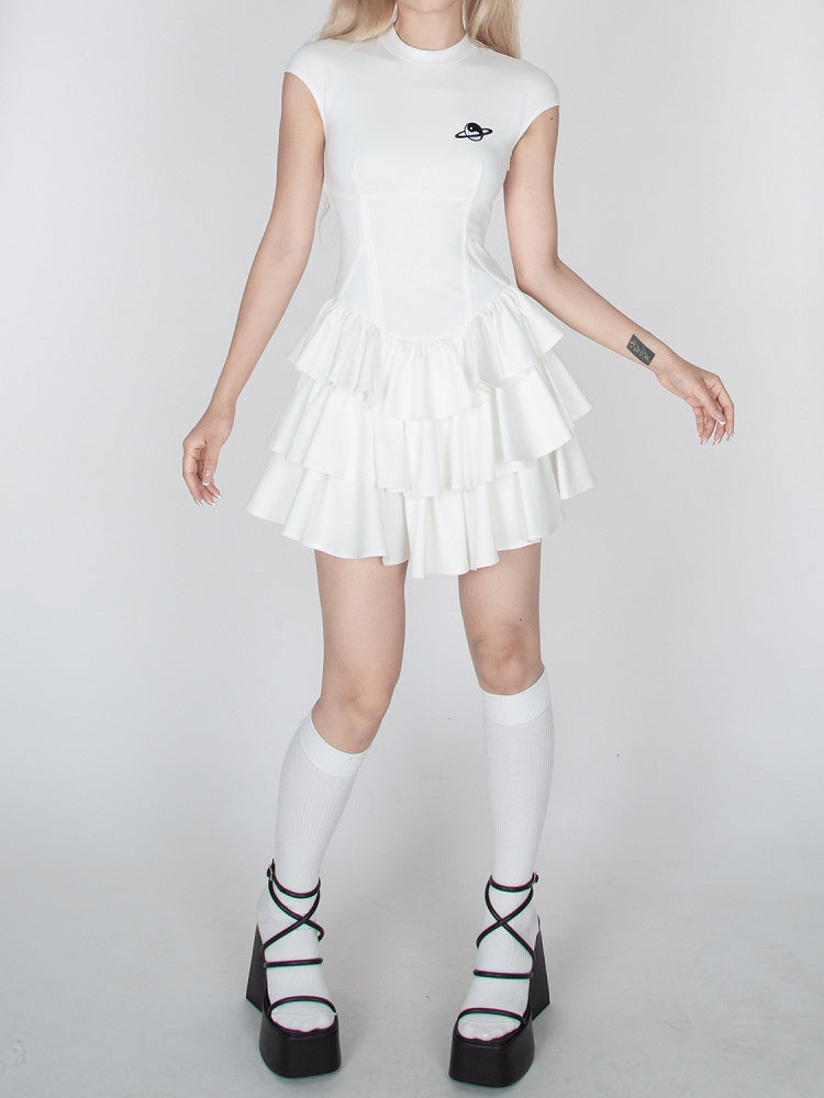Black/White Tiered Ruffles Mini Skirt Short Sleeve Dress