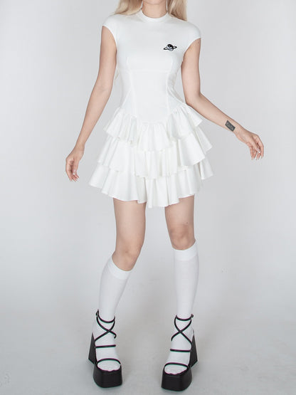 Black/White Tiered Ruffles Mini Skirt Short Sleeve Dress