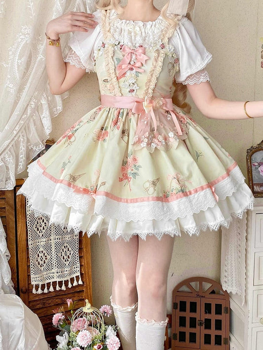 Short Lolita Print Waist Summer Skirt Dress High Rosette Jumper