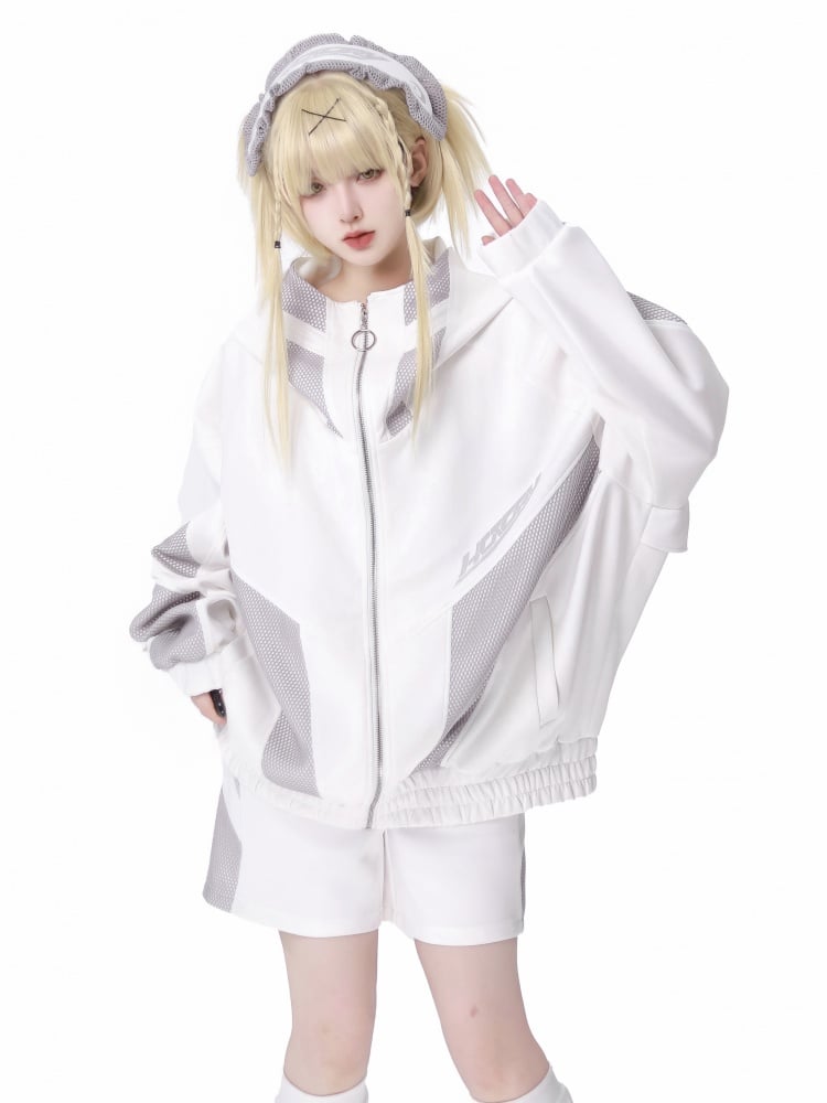 Sweat à capuche zippé en maille blanche et grise Jirai Kei