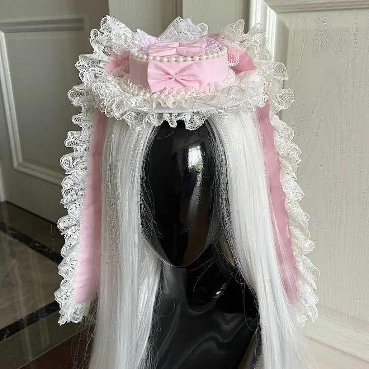 Rabbit with Pink Trim Beaded Lolita Headpiece and Extra-Long Ear Lace