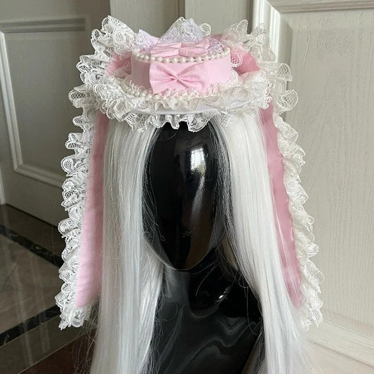 Rabbit with Pink Trim Beaded Lolita Headpiece and Extra-Long Ear Lace
