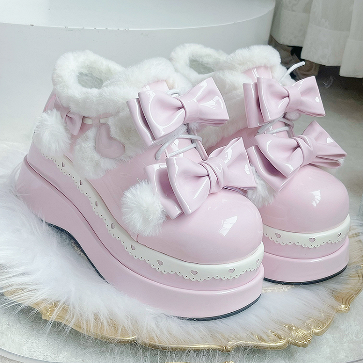 Lolita Pink Cute Heart Bowknot Platform Shoes With Pompons