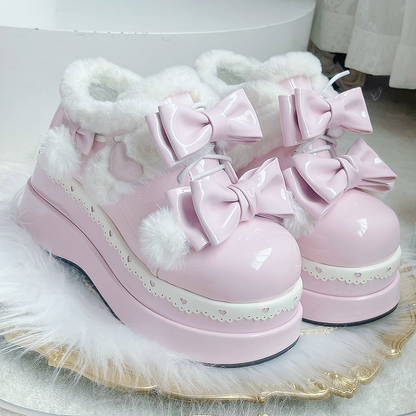 Lolita Pink Cute Heart Bowknot Platform Shoes With Pompons