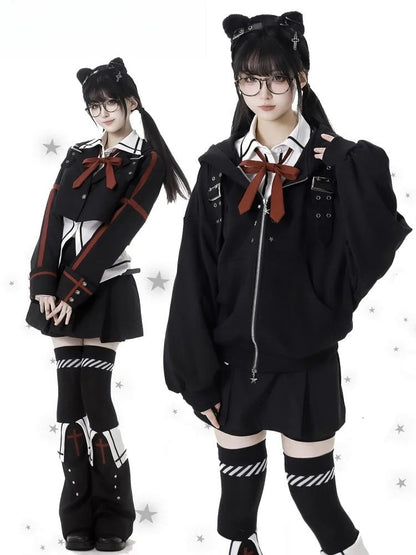 Black Buckle Straps Star Studs Zip Closure Hoodie