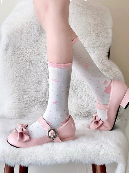 Socks Print Polka-dot Pattern Pink Snowflakes Lolita Calf