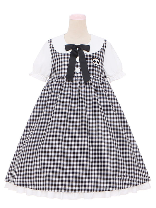 Robe à carreaux noire et blanche à col Peter Pan et manches courtes bouffantes