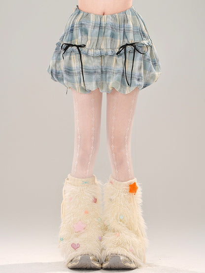Blue Details Skirt Plaid Bubble Bowknot
