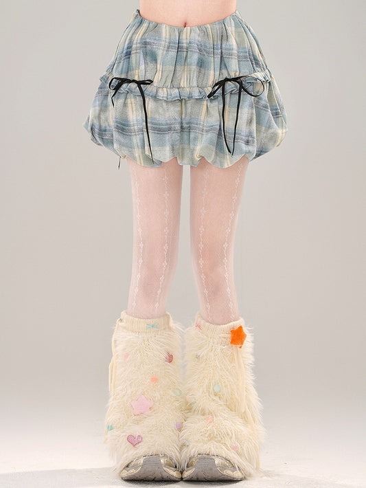 Blue Details Skirt Plaid Bubble Bowknot