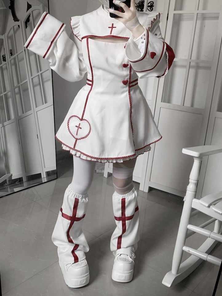 Maid Set: Halloween-themed Embroidery Buttons Cross Heart White Red Dress with + Kawaii Shorts Yami