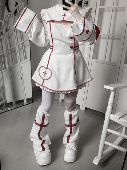 Maid Set: Halloween-themed Embroidery Buttons Cross Heart White Red Dress with + Kawaii Shorts Yami