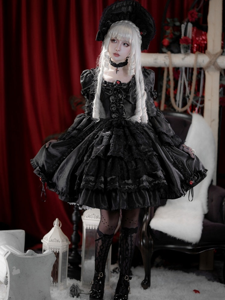 Kuro Drawstring Dress Bell Sleeves Skirt Gothic Black Bowknot Lolita Details and Layered
