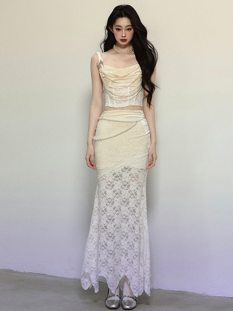 Apricot High Waist Lace Patchwork Mermaid Skirt