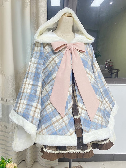 Blue Plaid Pattern Self-tie Big Bow Neckline Hooded Cape Coat