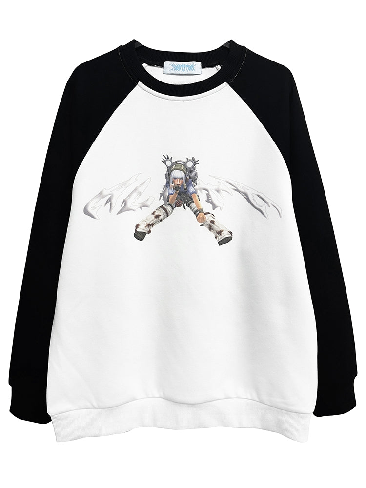 Black and White Colorblock Cyberpunk Girl Graphic Sweatshirt