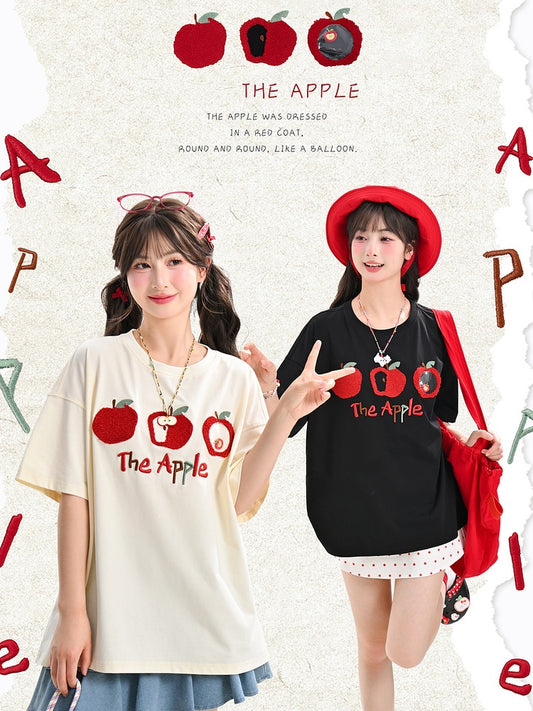 T-Shirt Apricot/Black Round Neck Apple Embroidery Loose