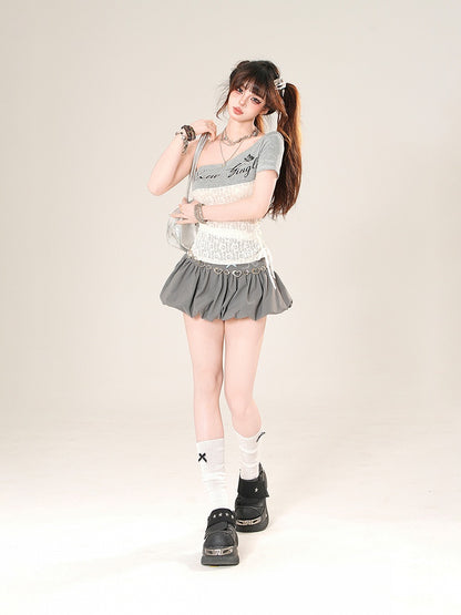 Lace-up Asymmetrical Neckline Contrast Lace Patches Side Gray T-Shirt