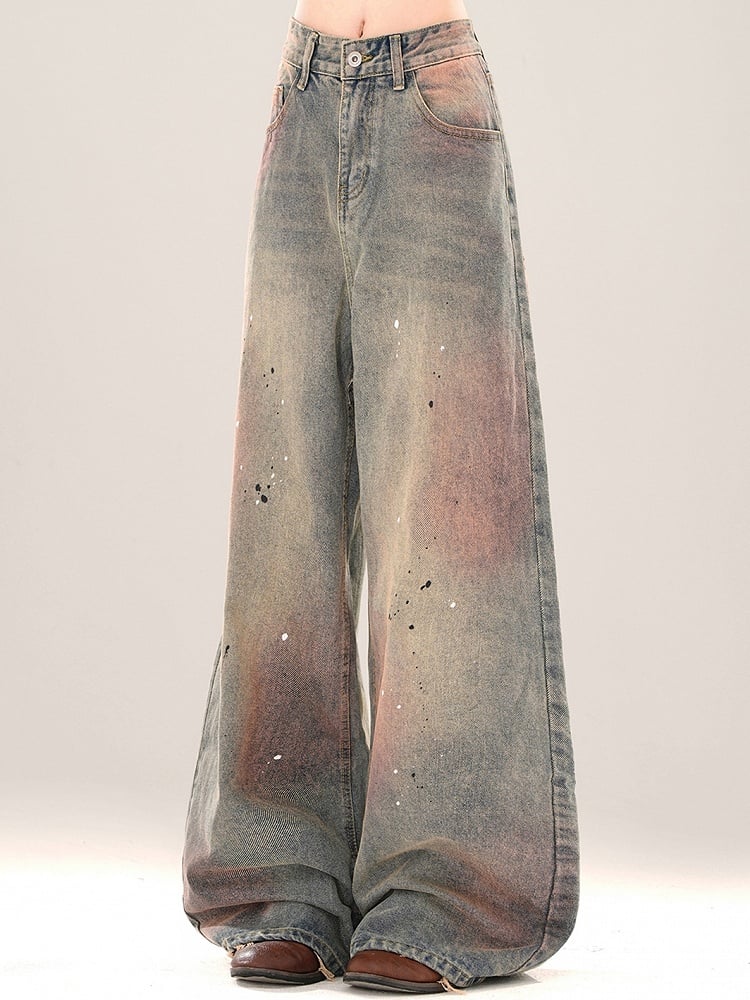 Wide-leg Wash Pink Splash Ink Details Cut Blue Jeans and Faded