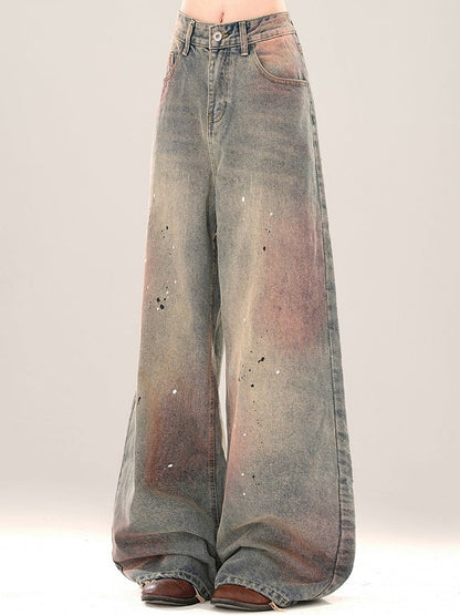 Wide-leg Wash Pink Splash Ink Details Cut Blue Jeans and Faded