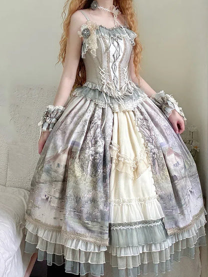 油絵プリントのグリーンレイヤードフリル裾ロリータスカート