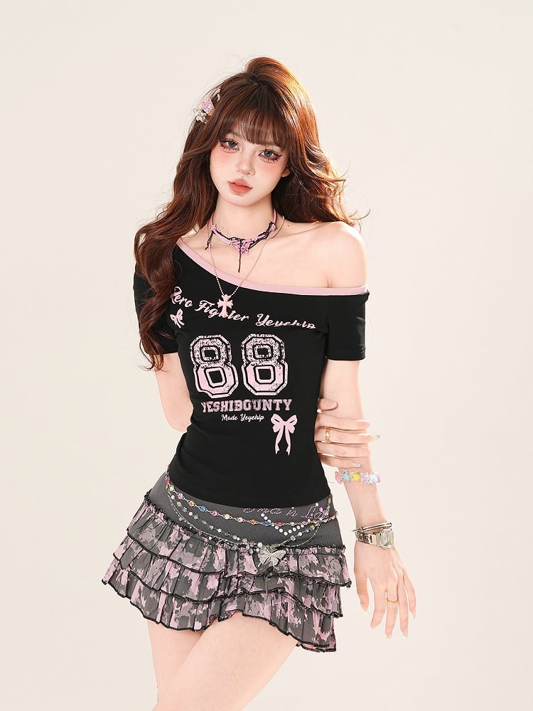 Asymmetrical Neckline Number Print Slim-fitting Black/Coffee T-Shirt