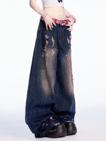 Dark Blue Low Vintage Wide-leg Jeans Waist Distressed Holes