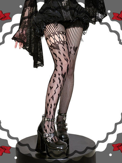 Black / Red / White Heart Pattern Asymmetrical Fishnet Tights