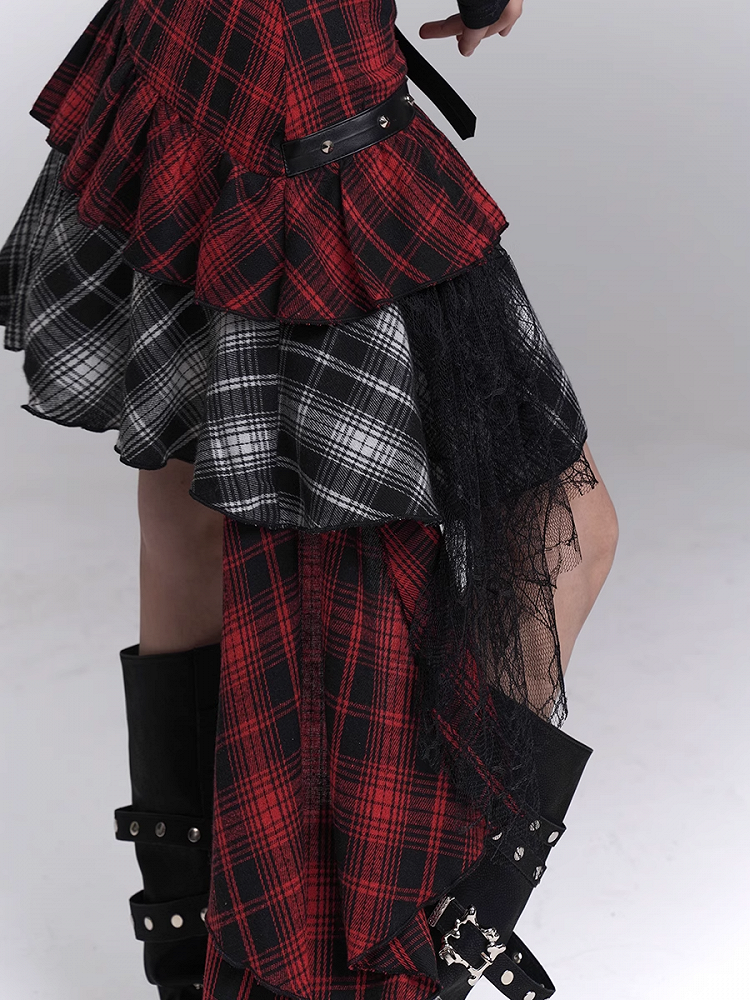 Red  Black Mesh Asymmetrical Plaid Skirt with PU Patchwork