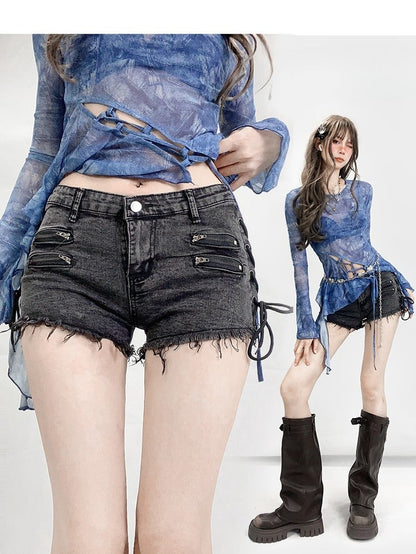 Lace-up Glamorous Black Detail Shorts Denim Bittersweet Hem Raw